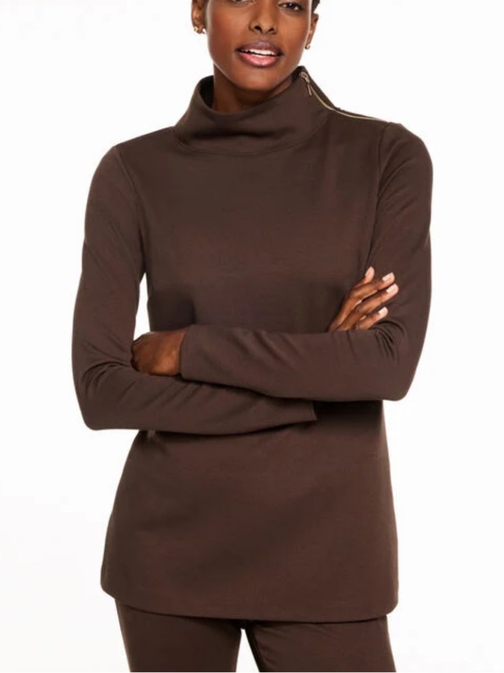NEW Talbots PASSPORT PONTE ZIP SHOULDER TUNIC PULLOVER coffee bean brown sweater